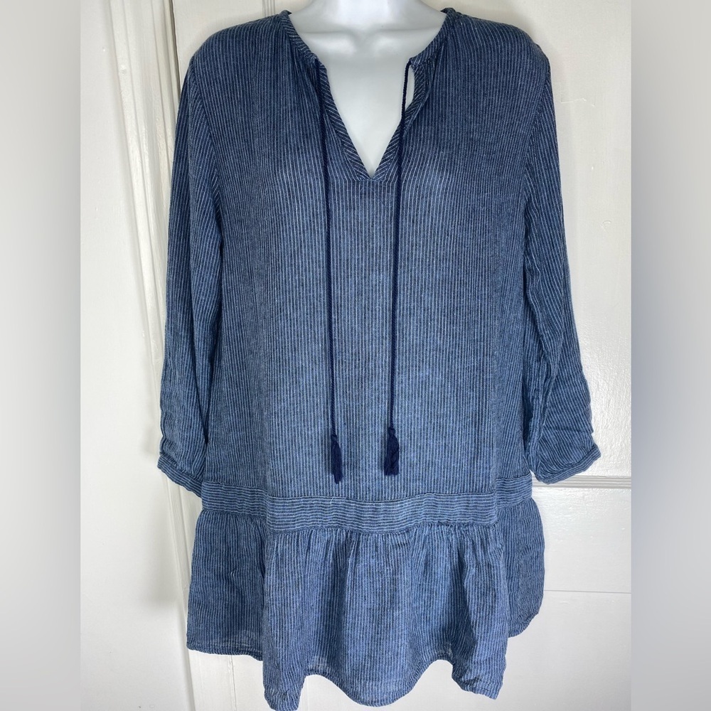 Rails Lydia Pin Striped Linen Blue/White Long Sleeve Mini Dress with Tassels